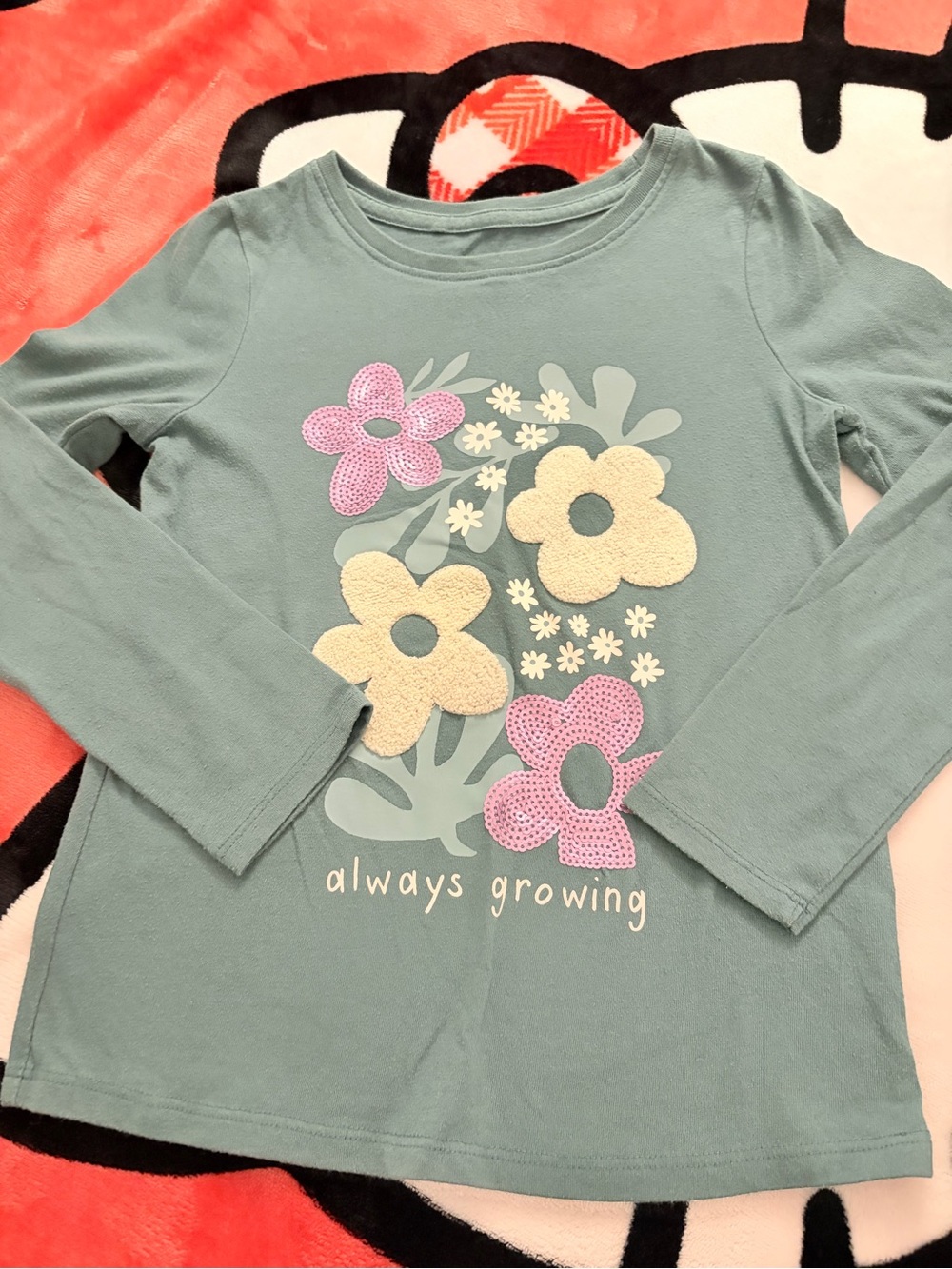 jumping beans Light Teal Long-Sleeve Top with Cream & Pink Floral Appliques